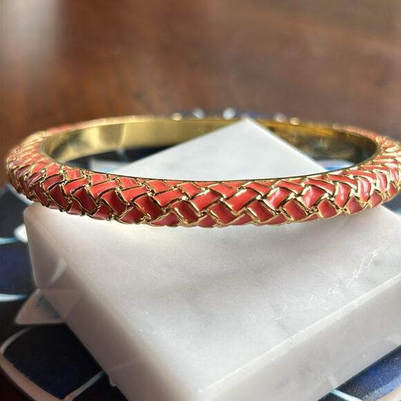 Lilly Pulitzer Basket Case Weave Orange Enamel Gold Tone Bangle Bracelet #629 - Picture 5 of 11